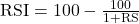 \text{RSI} = 100 - \frac{100}{1 + \text{RS}}
